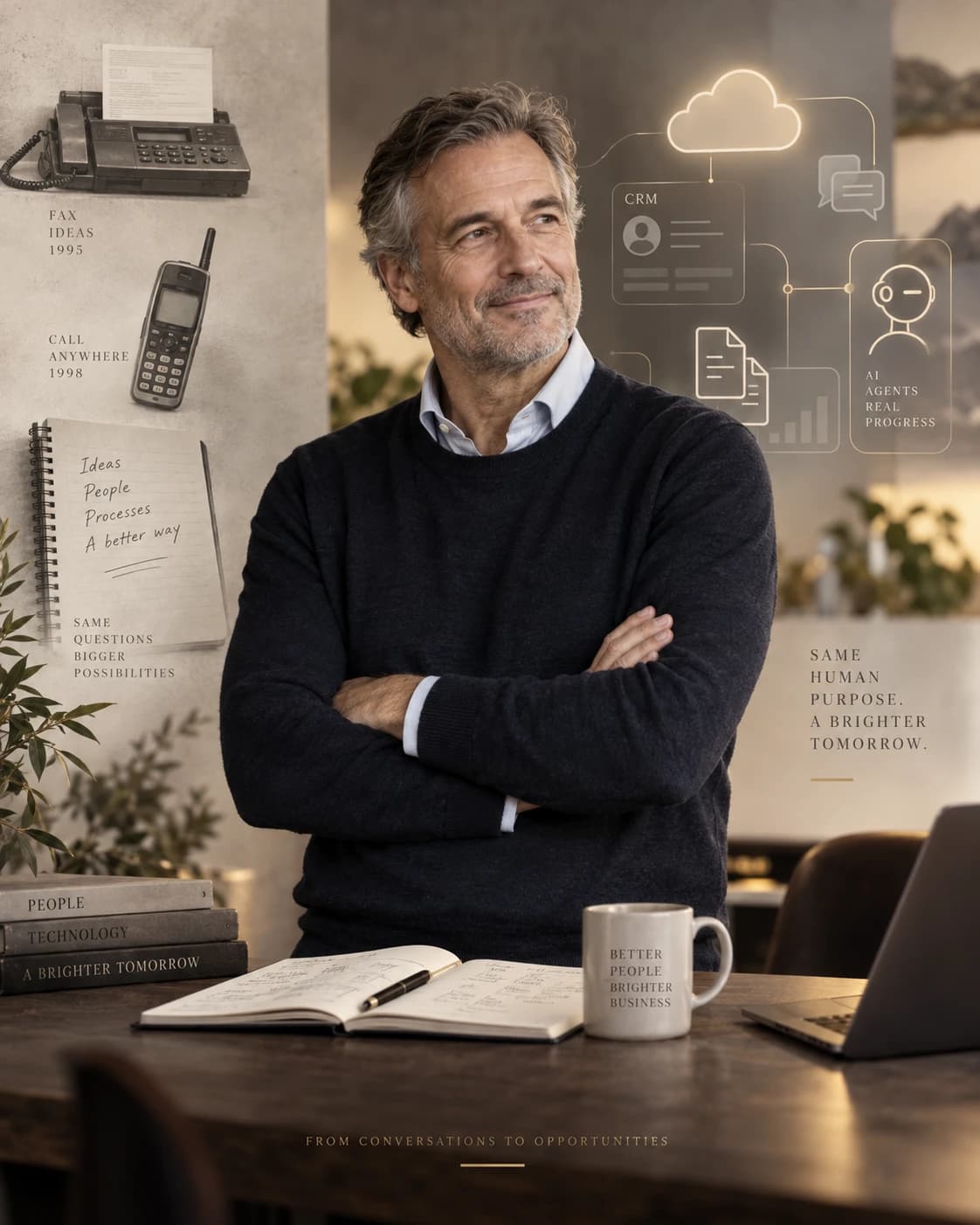 Founder visual from fax and early mobile phones to the modern AI world.